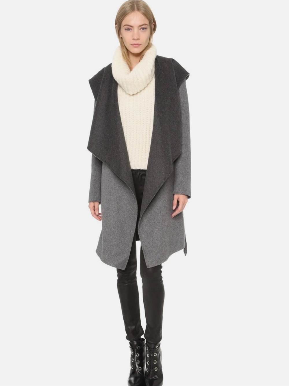 SOIA & KYO Samia Two Tone Gray Wool Hooded Wrap Coat XS